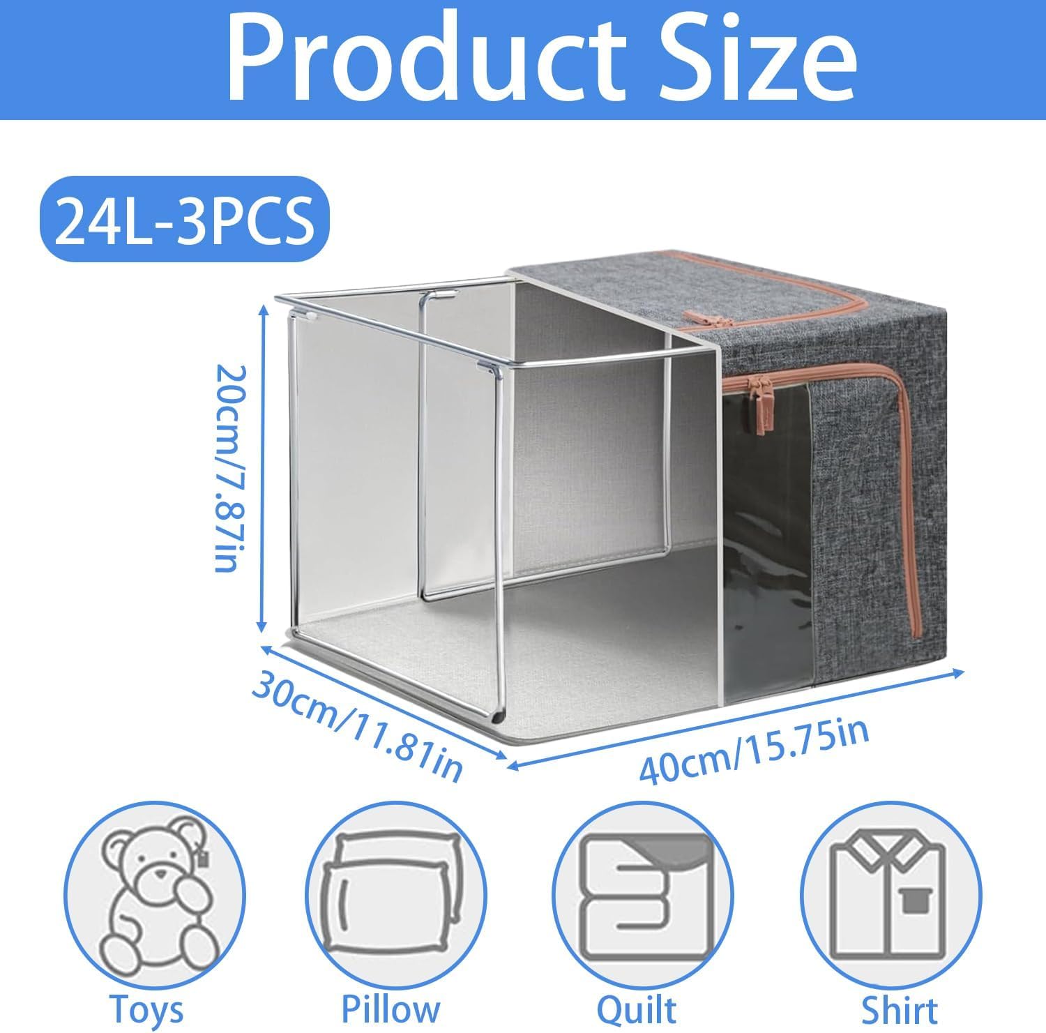 24L Clothes Storage Boxes,Stackable Cube Wardrobe Storage Organiser,Collapsible Storage With Metal Frame,Storage Bags With Zips Clear Window & Carry