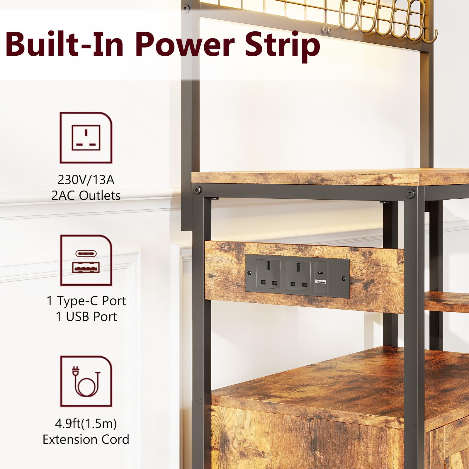 MUTUN Bakers Rack with Power Outlet, 6-Tier Kitchen Storage Rack with 6 S-Hooks, Microwave Stand Coffee Bar for Kitchen Dining Room