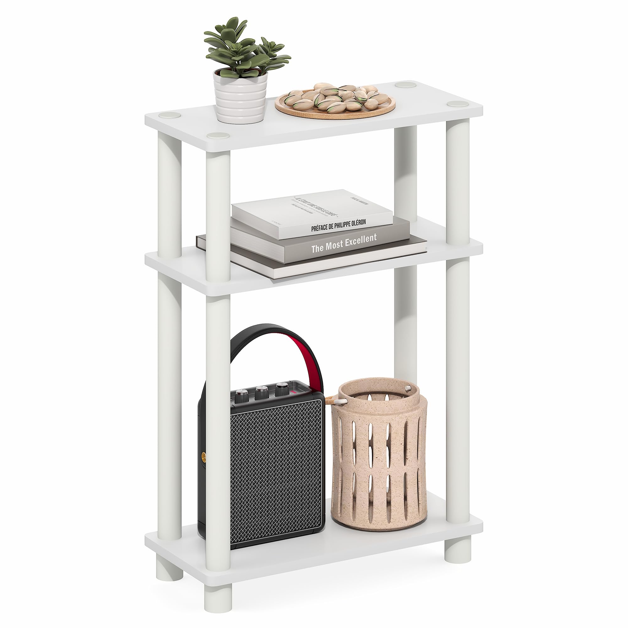 Furinno TURN-N-TUBE Narrow Side Table, 3-Tier Rectangular Modern End Table with Storage Shelf, Slim Toolless Assembly Nightstand, Night Stand