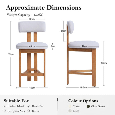 younturn Retro Mid Century Bar Stools Set of 2, Comfort Padded Linen Upholstered Seats Breakfast Barstools with Backrest