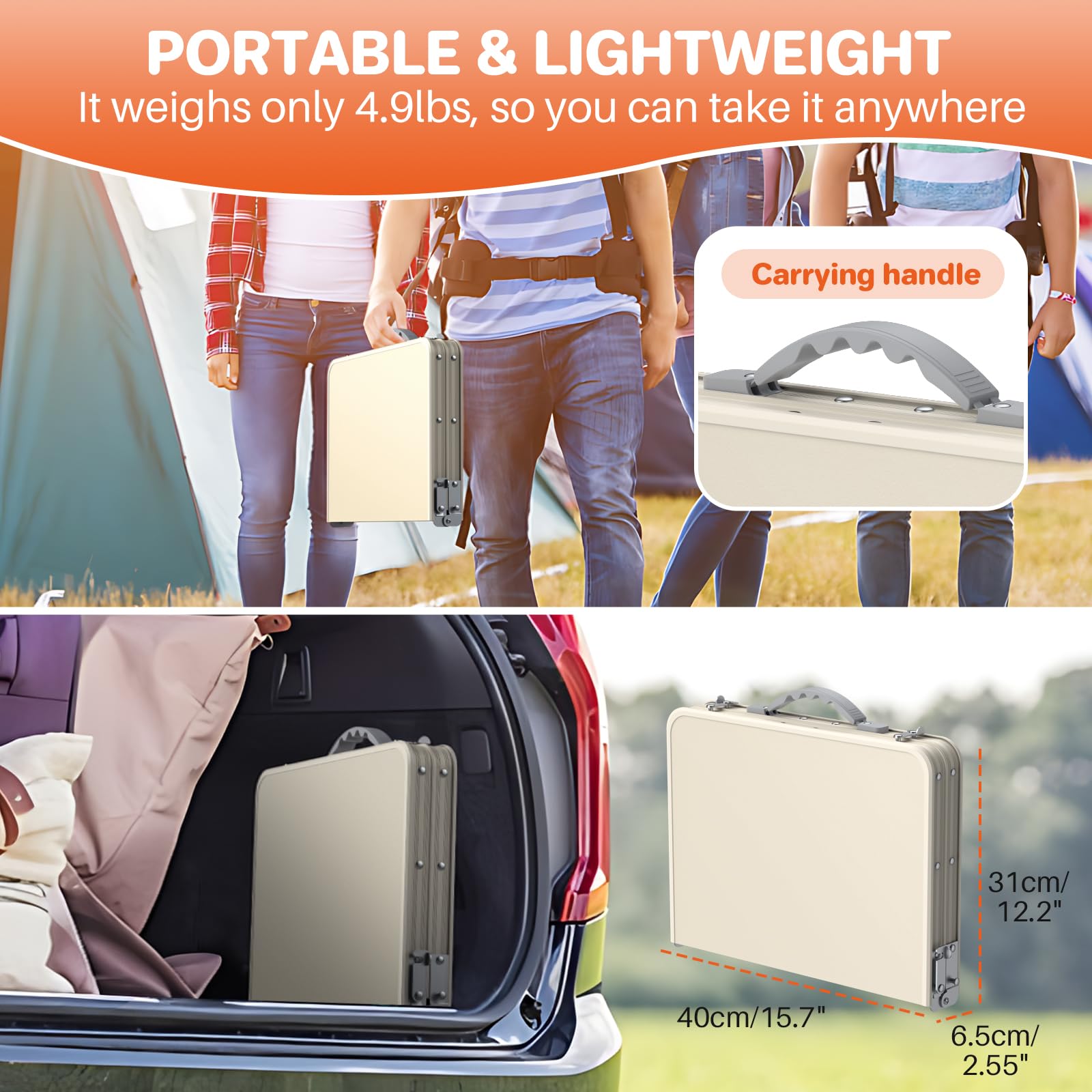 FUNYKICH Camping Table with Plastic Tabletop 58x40cm, 3 Height Adjustable Small Folding Table
