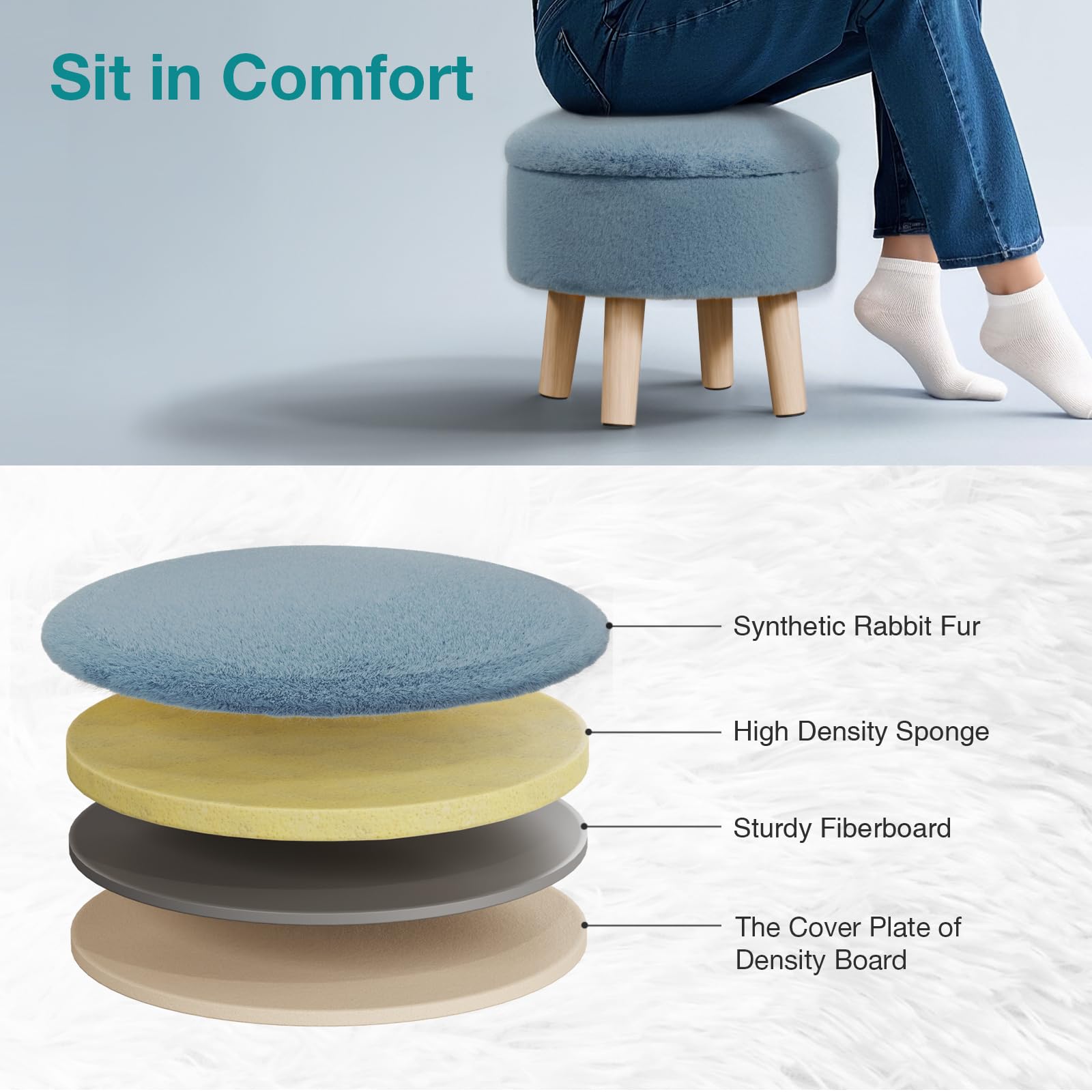 BRIAN & DANY Footstool with Storage, Faux Fur Round Storage Ottoman, Foot Stool with Legs Sofa Footrest for Living Room Entryway Office, Blue