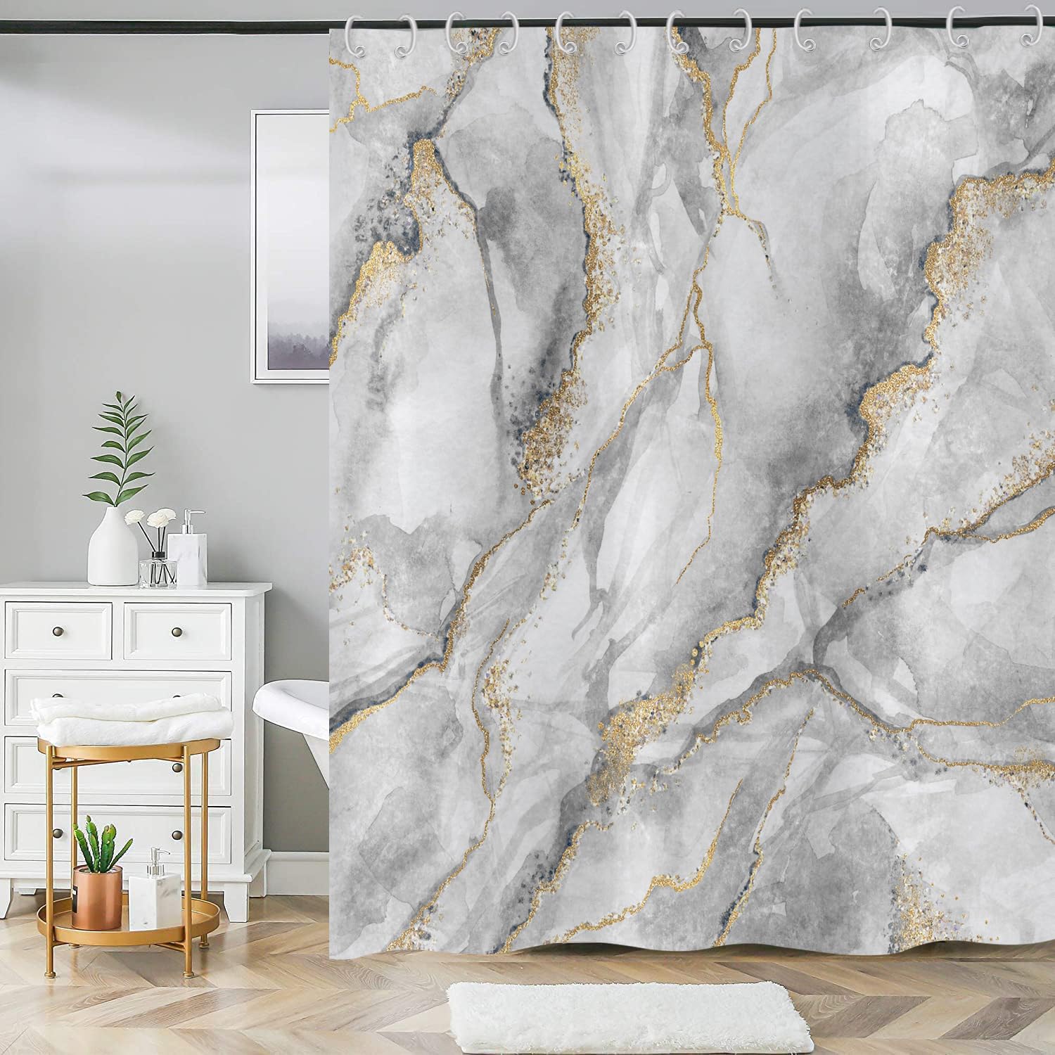ASDCXZ Marble Shower Curtain 150x180 cm, Modern Abstract Grey White Gold Marble Optic Texture Colorful Washable Shower Curtains Polyester Textile