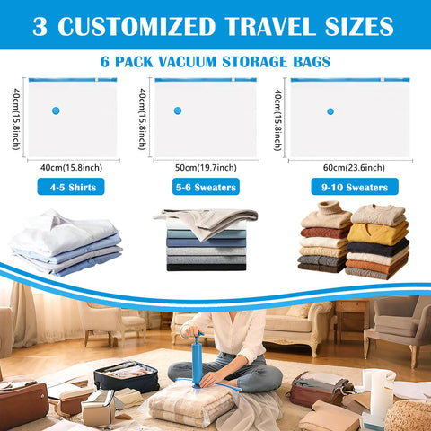 OWill Vacuum Storage Bags 6 Pack with Travel Hand Pump, Reusable Space Saver Bags for Clothes, Sweaters & Blankets, 3 Mixed Sizes