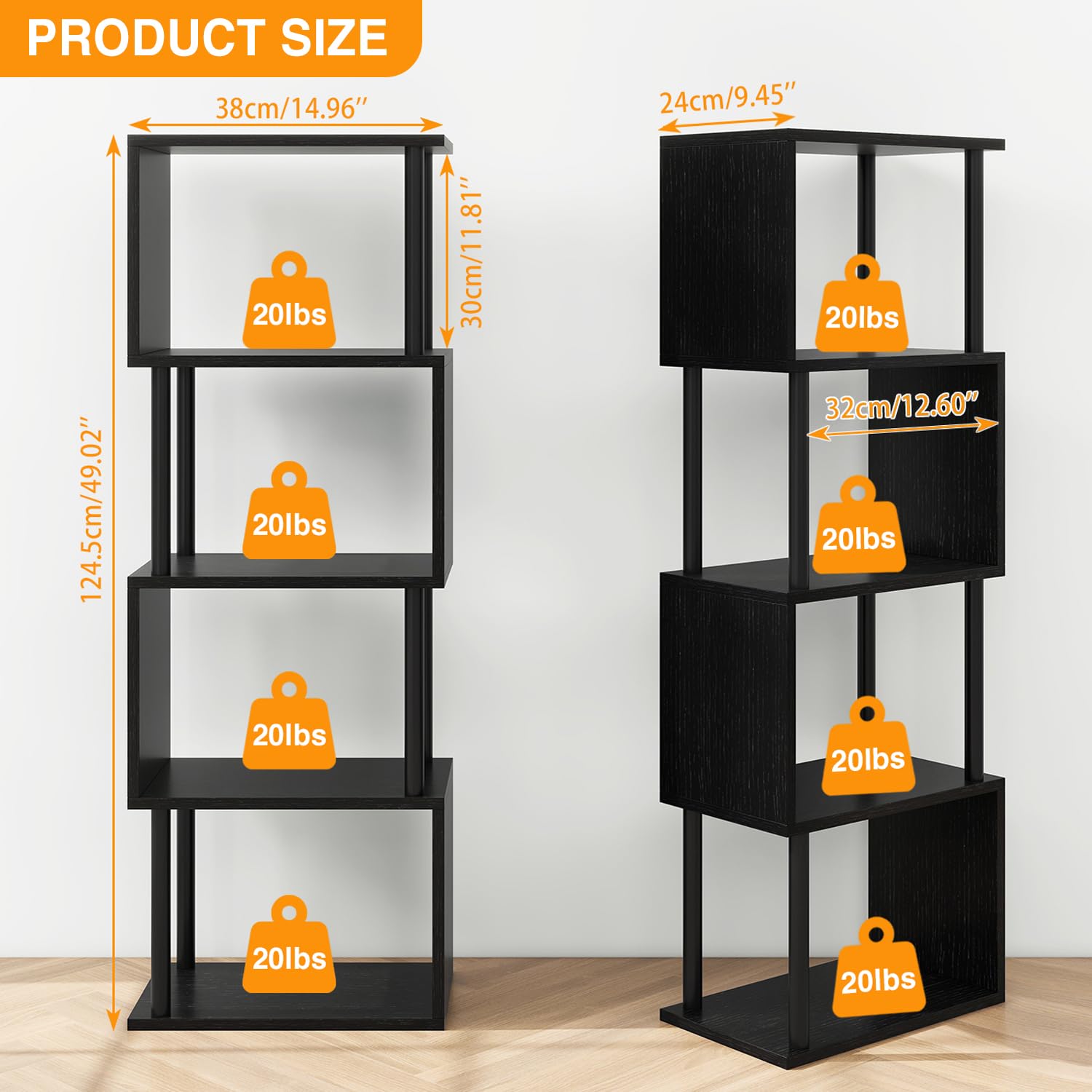 IBUYKE 5-Tier Tall Bookshelf,S-Shaped Geometric Bookcase,Black WBC015B