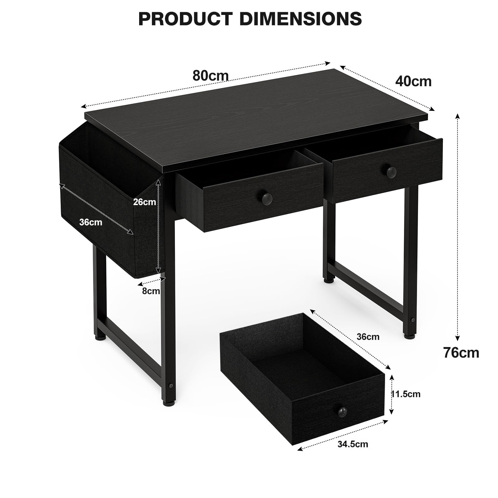 Grandder Small Computer Desk with 2 Fabric Drawers, 80 x 40 cm Home Office Desk with Storage Bags and Drawers