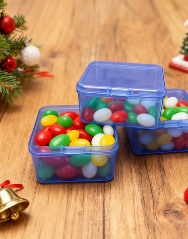 LJY 60 Pack Small Blue Plastic Boxes with Hinged Lid 6.5 x 6.5 x 3.5 cm