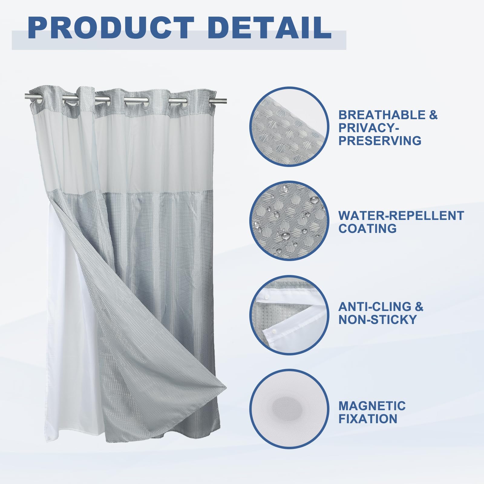 DTGN No Hook Shower Curtain, 180Wx183L cm Polyester Snap-in Removable Liner Set, Waterproof Washable Waffle Weave Textured Shower Curtains for Home