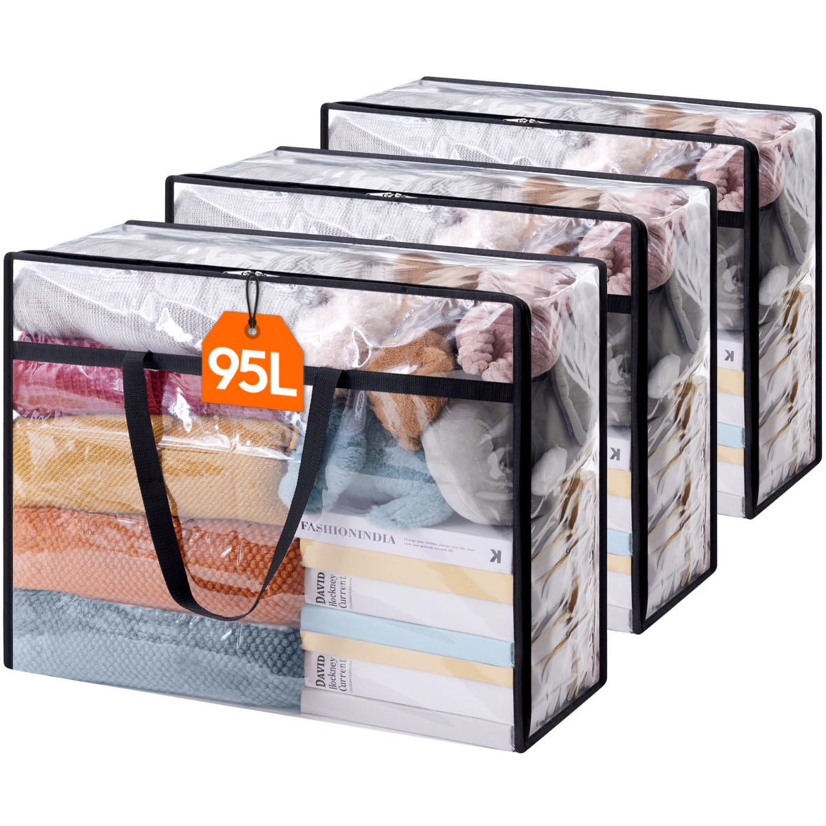 Lifewit 3 Pack Clear Storage Bags, 95L Plastic Clothes Storage Bags