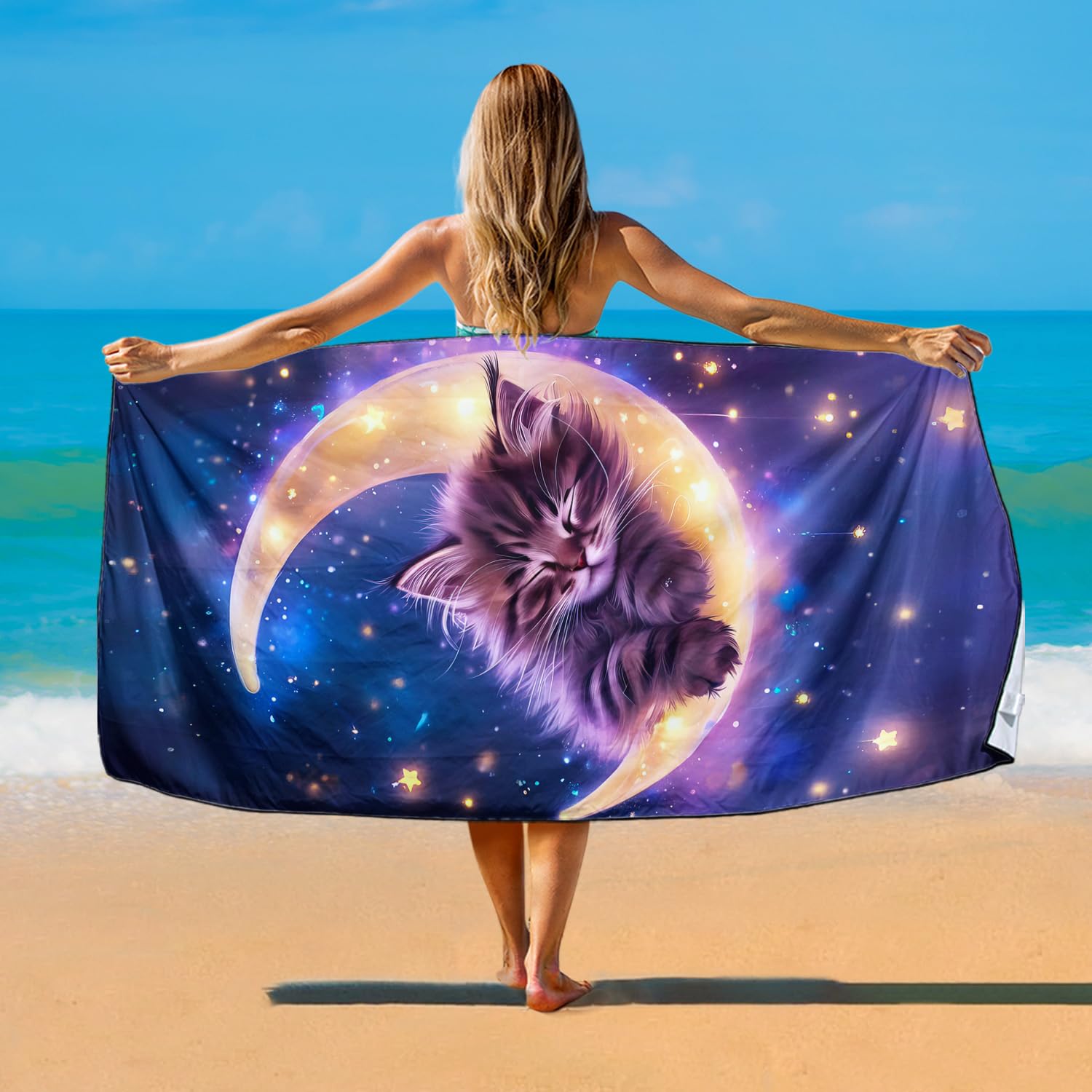 Violetpos Nebula Sleeping Kitten Beach Towel for Kitty Lovers, Extra Large 180x90 cm 250GSM Microfibre, Sand Free Quick Dry