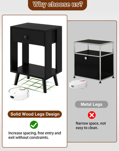 YMYNY Set of 2 Side Tables, Bedside Table, Sofa End Table, with Fabric Drawers and Open Shelf Unit, Solid Wood Legs, Nightstand, for Bedroom