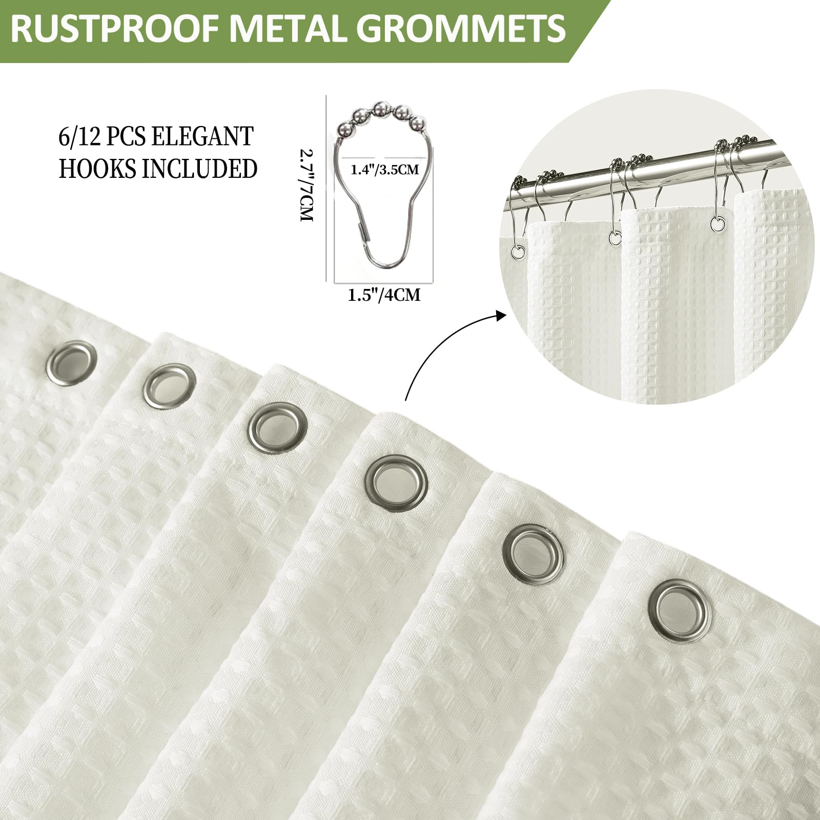FY&XZH Heavy-Duty Waffle Weave Shower Curtain with Stainless Steel Hooks, Thick Fabric for Bathroom, Hotel, Spa & Salon-275 x 183cm (Beige)