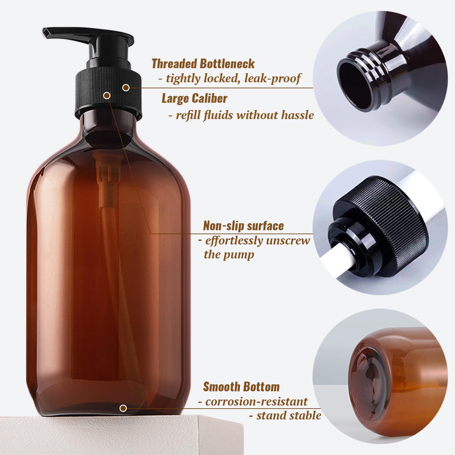 2 Packs Plastic Pump Bottle Dispenser 500ml(17oz), Refillable Soap Dispensers for Bathroom, Kitchen, Amber Shampoo Dispenser Shower Gel Dispenser