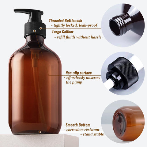 2 Packs Plastic Pump Bottle Dispenser 500ml(17oz), Refillable Soap Dispensers for Bathroom, Kitchen, Amber Shampoo Dispenser Shower Gel Dispenser