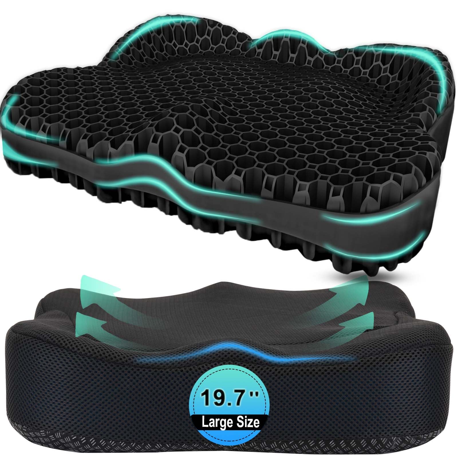 Airllantry Thicken 19.7in Seat Cushion, Gel Seat Cushion for Long Sitting–Office Chair, Wheelchair, Car Pad, Large Cooling Support Pad for Back Pain