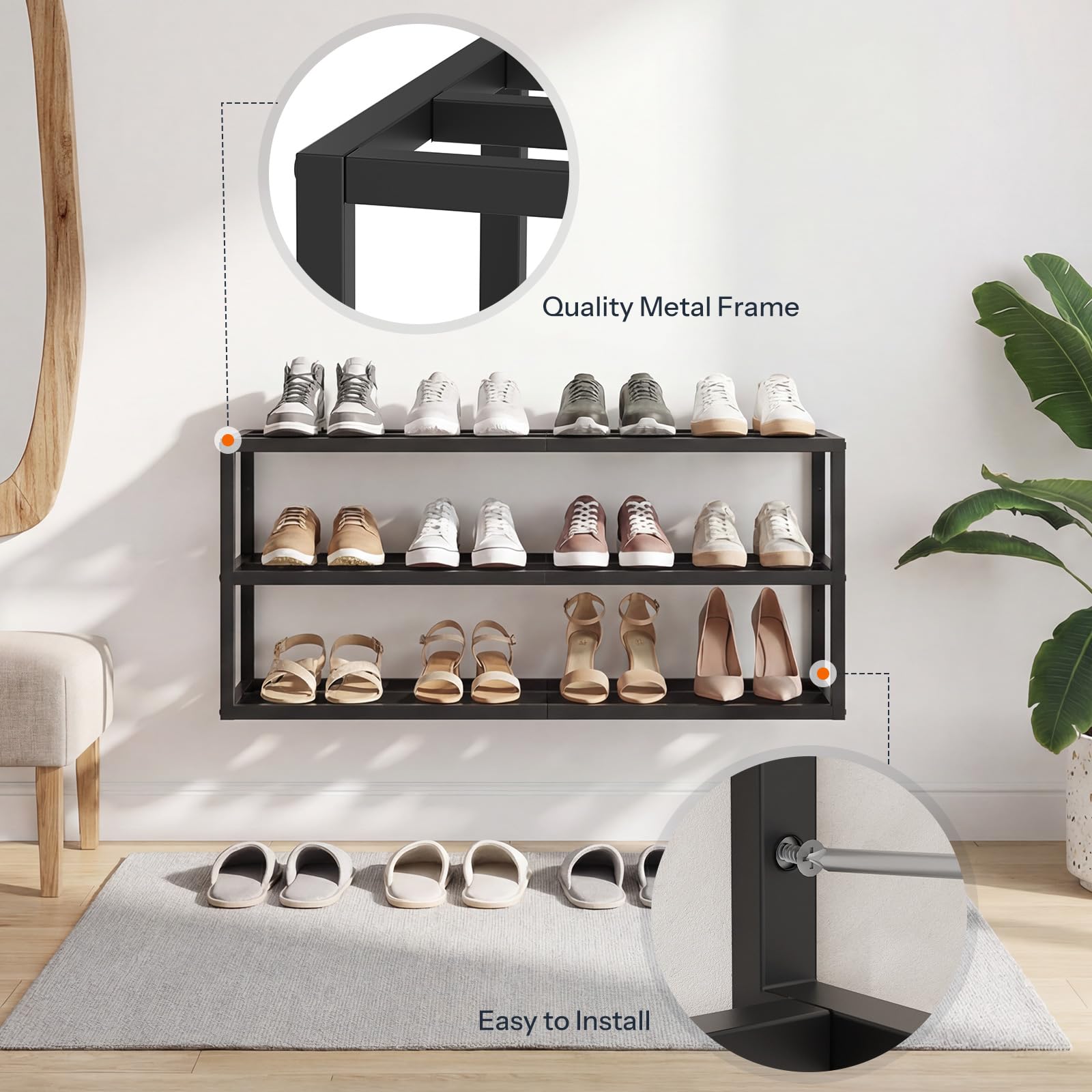 HOOBRO Wall Mounted Shoe Rack, 2-Pack Hanging Metal Shoe Storage Organizer, 3-Tier Vertical Shoe Holder, Metal Shoe Shelf for 18-24 Pairs, Entryway
