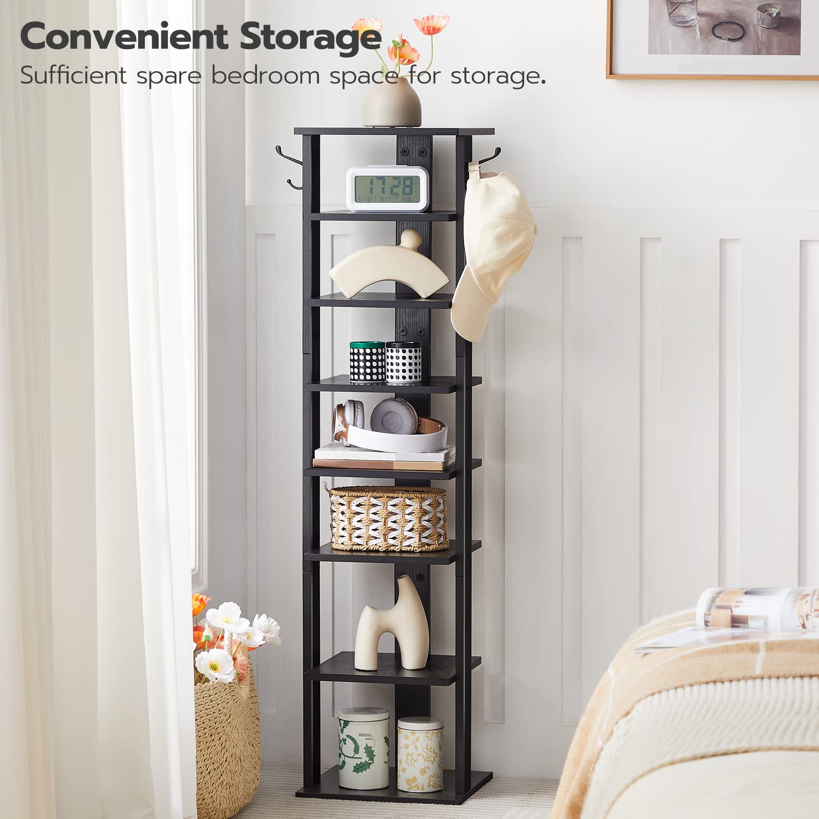 HOOBRO Tall Shoe Rack Wooden, Narrow Shoe Storage Organizer with 2 Hooks, Slim Shoe Shelf, Vertical Shoe Tower for Entrance, Living Room, Hallway
