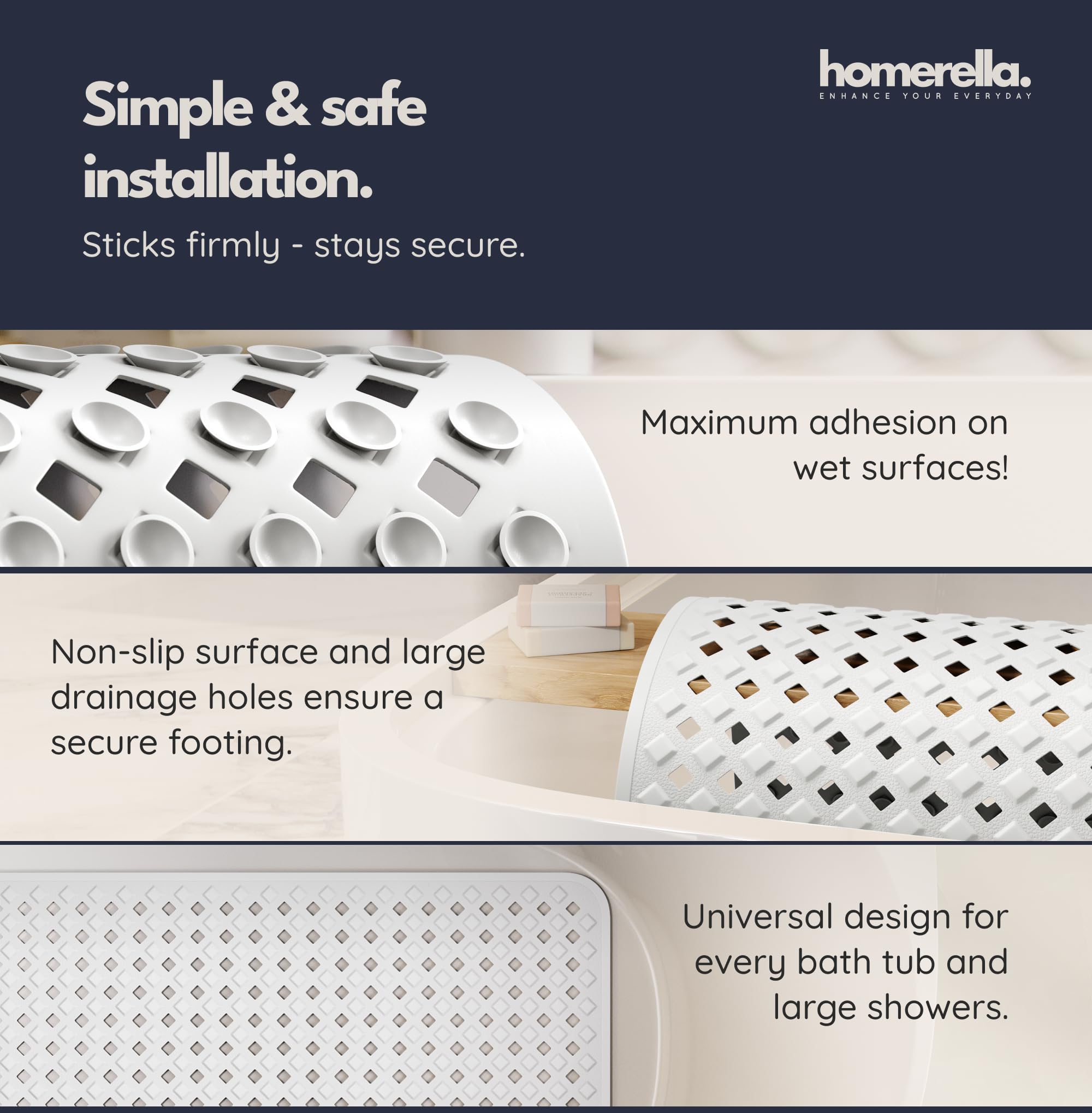 homerella Bath Mat Non Slip Anti Mould 88x39cm Shower Mat Non Slip Bath Mat
