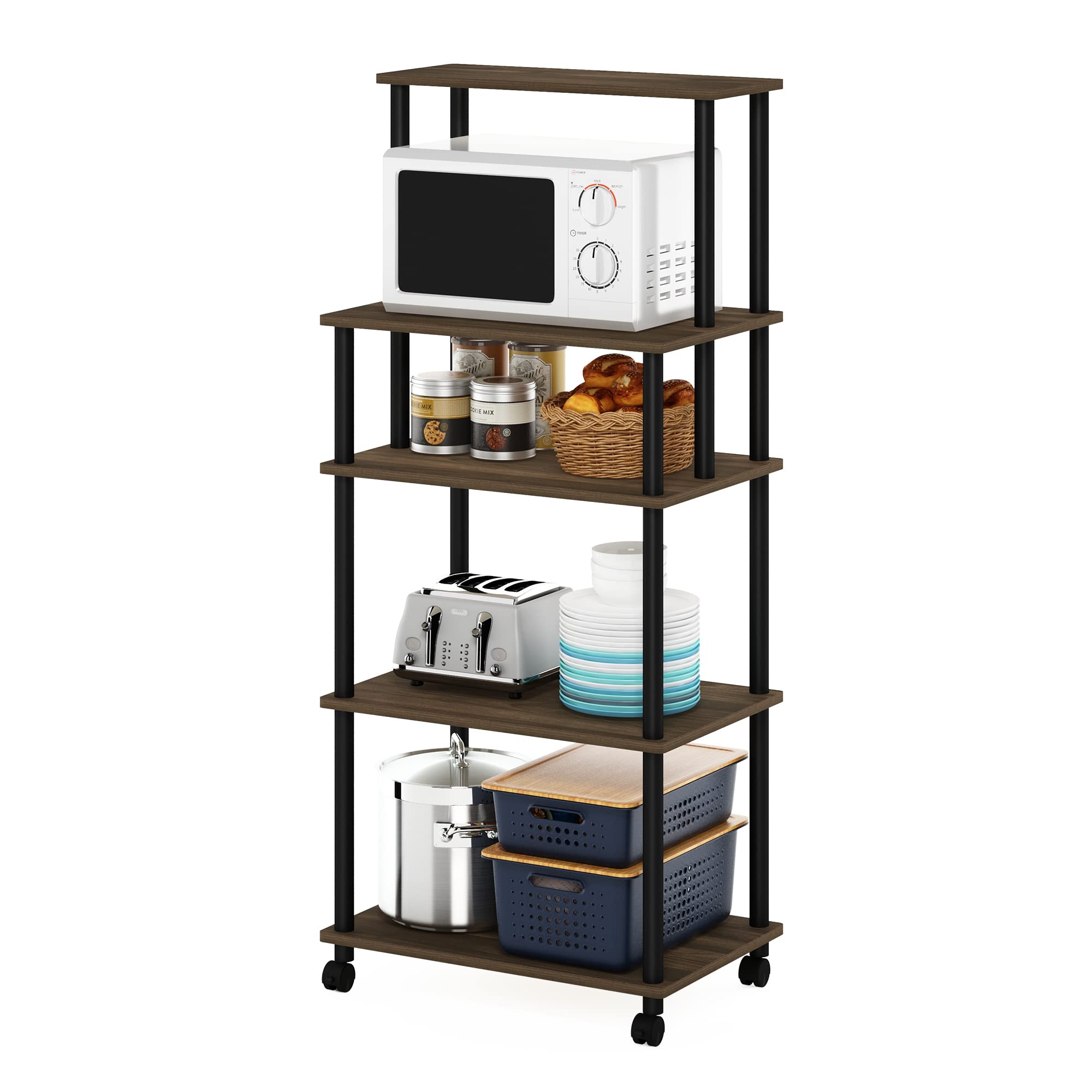 Furinno TURN-N-TUBE Bakers Rack with Wheels, 5-Tier Kitchen Storage Cart, Kitchen Cart, Coffee Bar, Pantry Organizers and Storage, Columbia Walnut