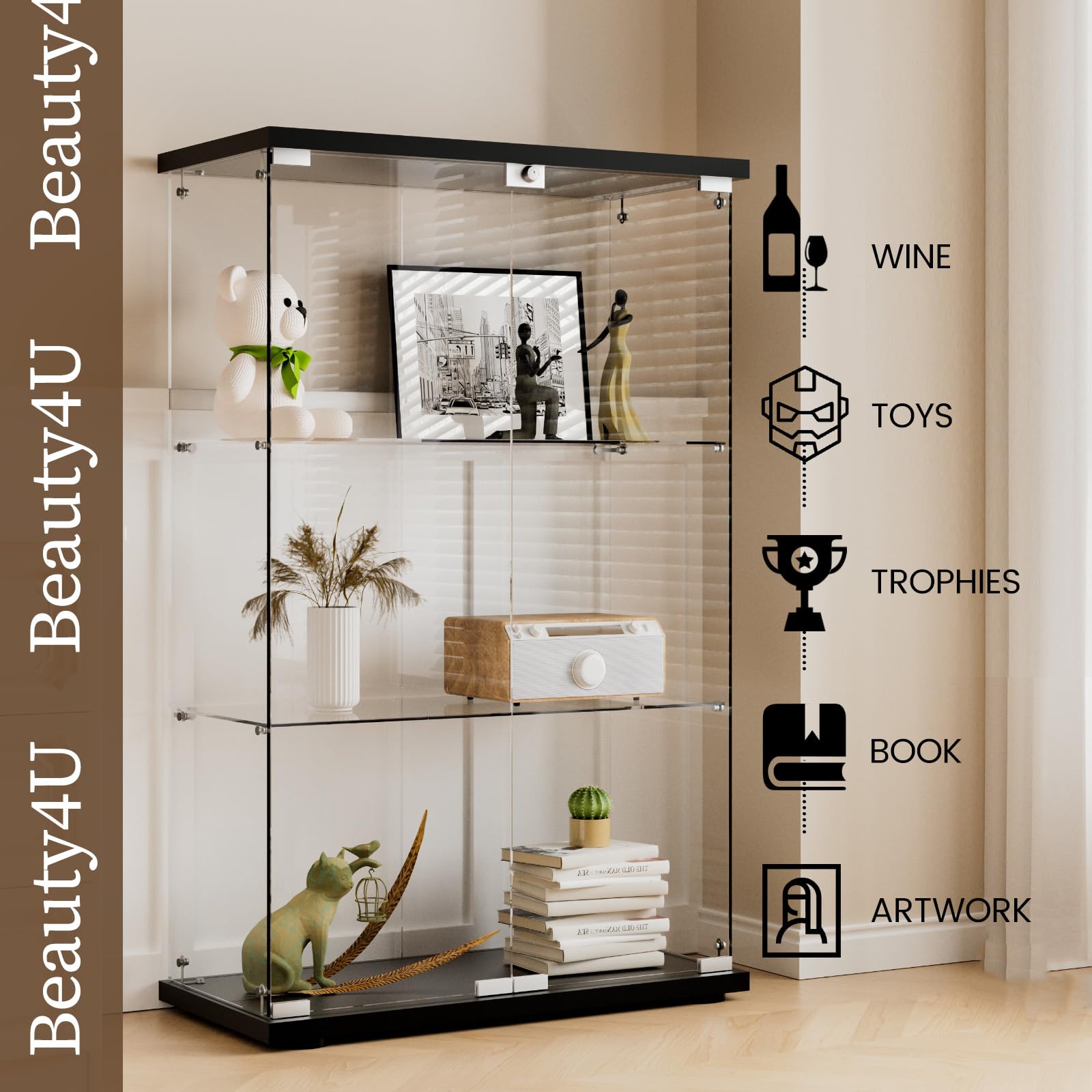 Beauty4U 3-Shelf Double Door Glass Display Cabinet, 125cm Tall, Black