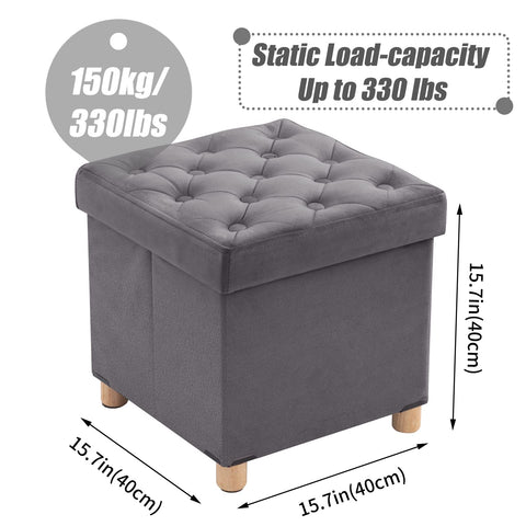 BRIAN & DANY Folding Storage Ottoman with Wood Legs, Velvet Footstools Cube for Living Room and Bedroom, 40x 40x 40 cm, Gray