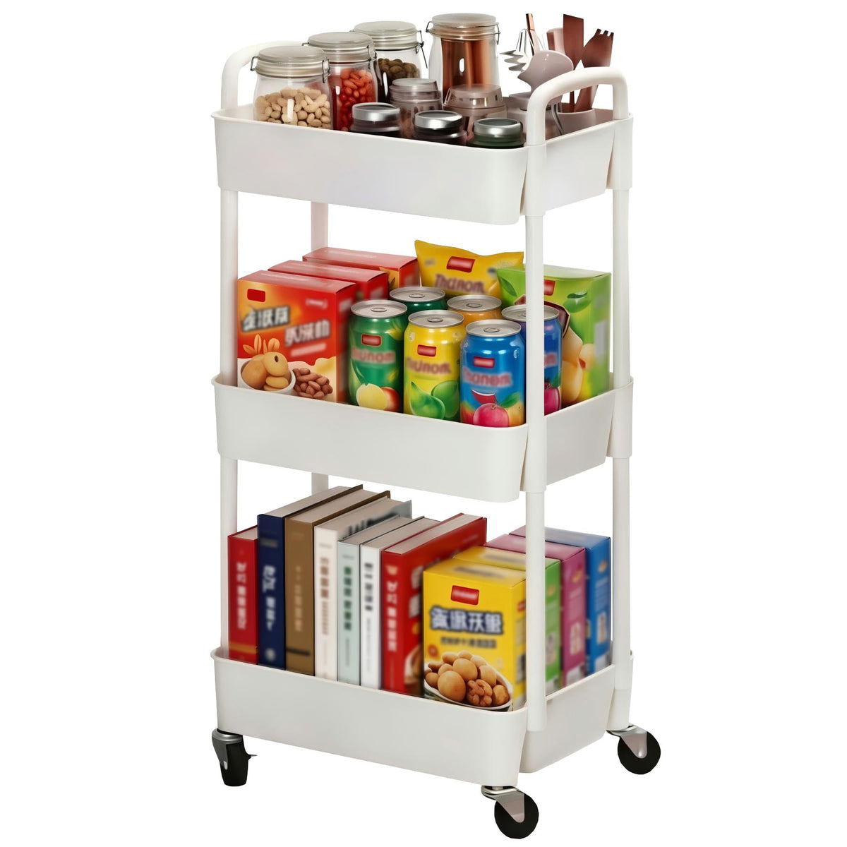 Sywhitta 3-Tier Plastic Rolling Utility Cart with Handle, Multi-Functional Storage Trolley for Office, Living Room, Kitchen