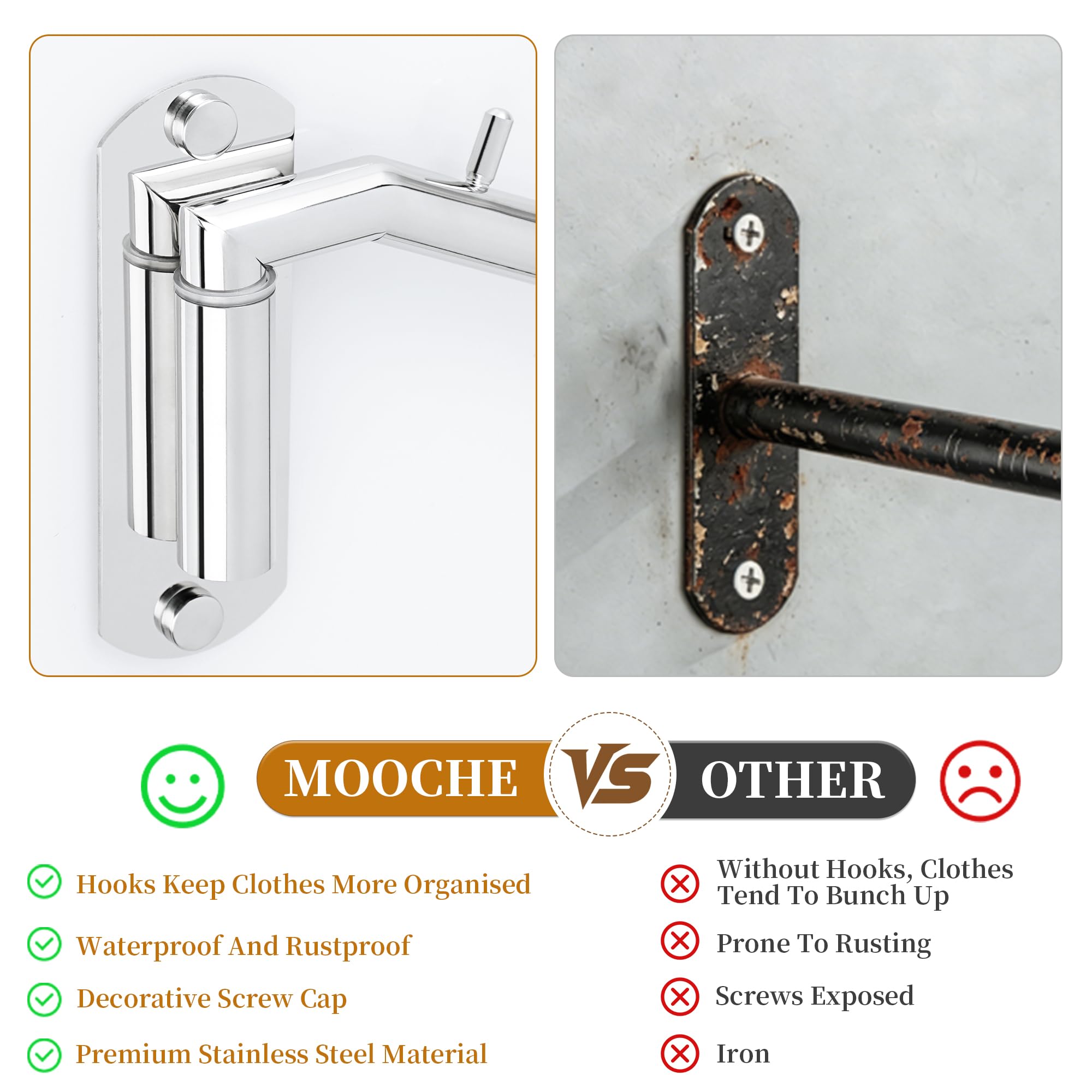 Mooche 2Pcs Wall Mounted Coat Rack Chrome, Swivel Clothes Rail, 27CM