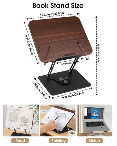 Wooden Book Stand for Reading, 360° Adjustable Book Holder Foldable Recipe Cook Book Stand for Kitchen Book Display Stand with Elastic Page Clips for