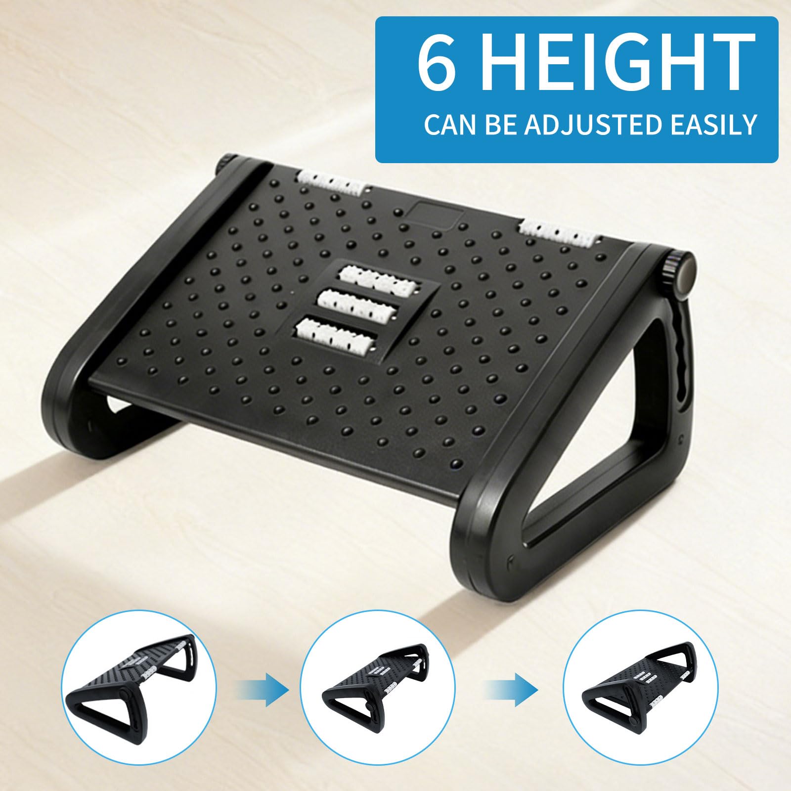 Foot Rest for Under Desk at Work, Ergonomic 6 Heights Adjustable Footrest with Massage Roller, Portable Under Desk Foot Stool for Home, Office ﻿