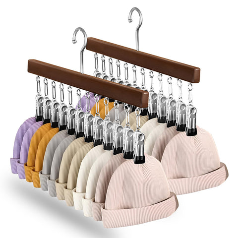 2 PCS Hat Rack, Baseball Cap Holder Hats Storage Organizer Wooden Hat Hanger with 12 Rubber-Coated Stainless Steel Clip for Closet Scarves Trousers