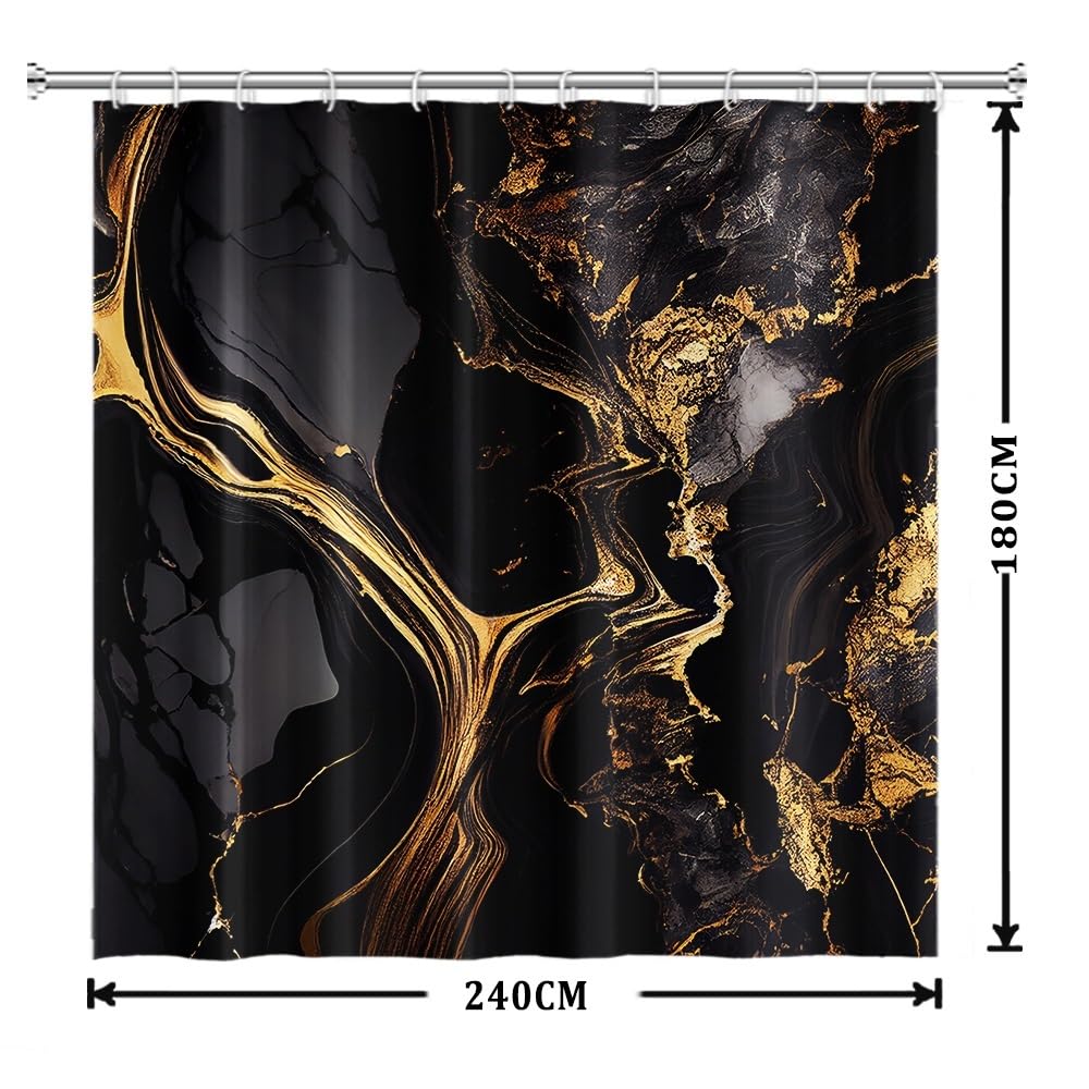 Xiaoterna Marble Shower Curtain Abstract Black Gold Marble Bathroom Curtain Gold Powder Sparkling Modern Luxury Marble Shower Curtain Machine