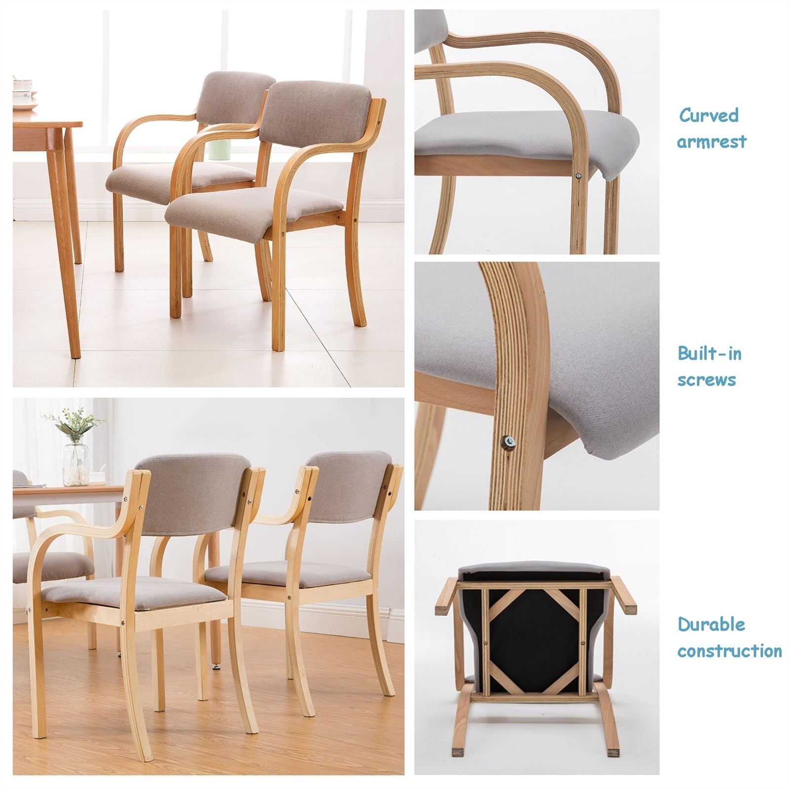 Solid Wood Dining Chairs with Arms Kitchen Chair Upholstered Living Room Armchair with Backrest Modern Office Leisure Lounge Reception Cafe Chairs