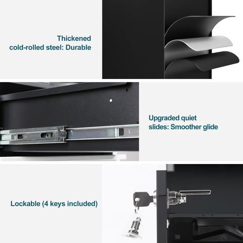 LVSTEEL 3-Drawer Mobile Filing Cabinet with Lock, Steel Office File Cabinet on Wheels, Under Desk Metal Cabinet, Fully Assembled, Black, 37x44x54cm