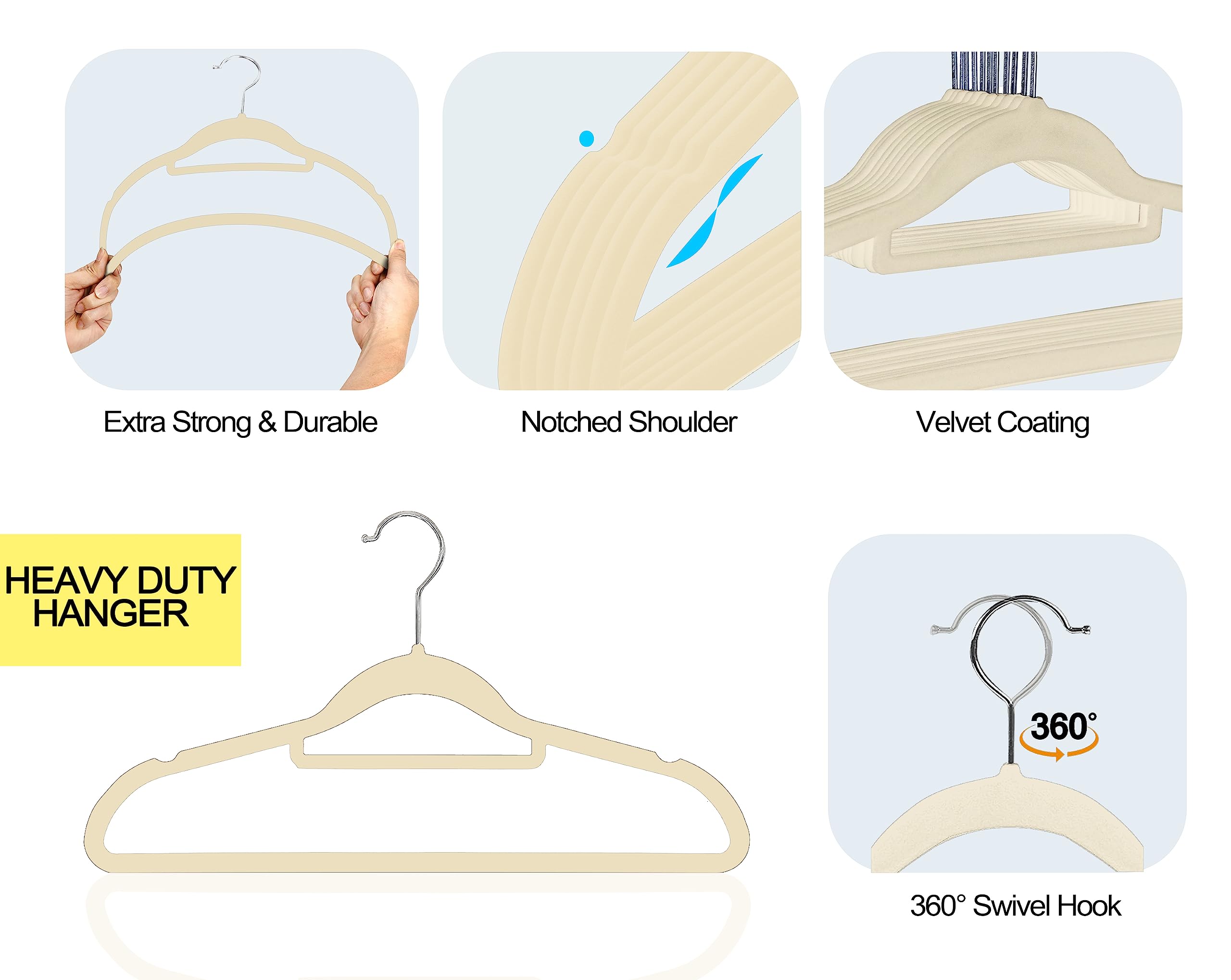 GVTECH Premium Velvet Hangers, [50 Pack] Non Slip and Heavy Duty Velvet Suit Hangers (45cm) with Tie Bar, 360° Swivel Hooks, Sturdy to hold Jumper