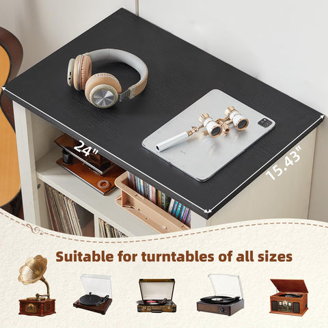 LELELINKY Large Record Player Stand with Vinyl Record Storage, 24" Wide Wood Turntable Stand, Mid-Century Record Player Table Up to 200 Albums