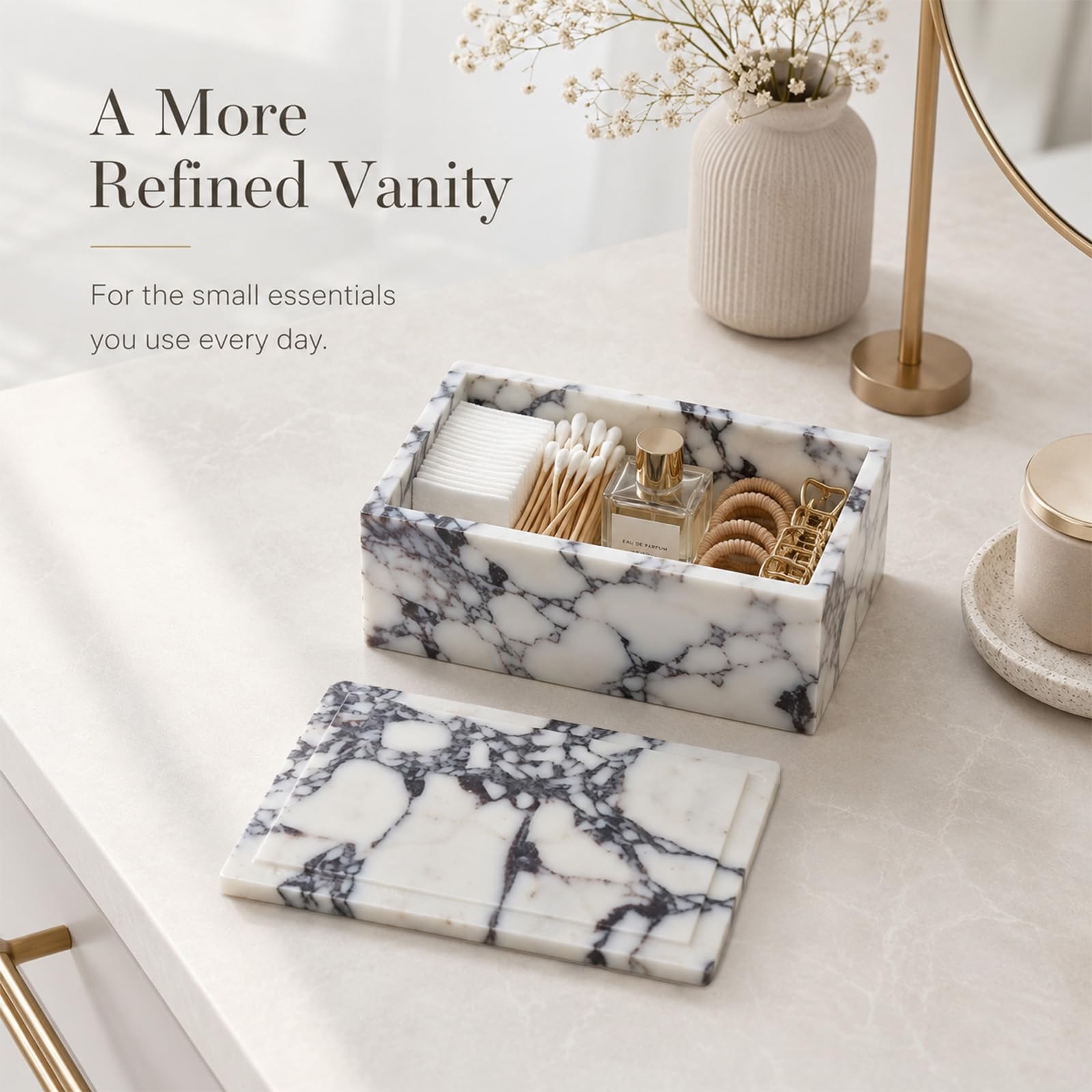 Artisanal Abode Luxury Marble Storage Box with Lid, White and Purple Veined Pattern, Decorative Organizer for Makeup Brushes, Jewelry