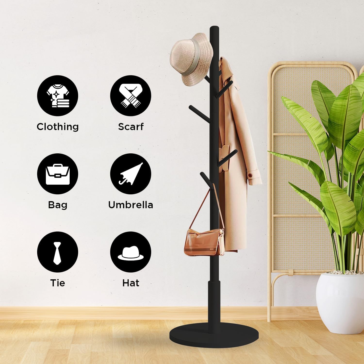 edihome, Coat Stand with Round Base, Freestanding Coat Rack with 8 Hooks, 172 x 38 x 38 cm, Wooden Hall Tree for Coats, Hats, Jackets