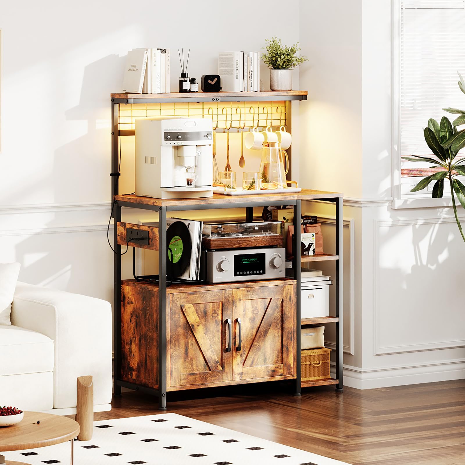 MUTUN Bakers Rack with Power Outlet, 6-Tier Kitchen Storage Rack with 6 S-Hooks, Microwave Stand Coffee Bar for Kitchen Dining Room