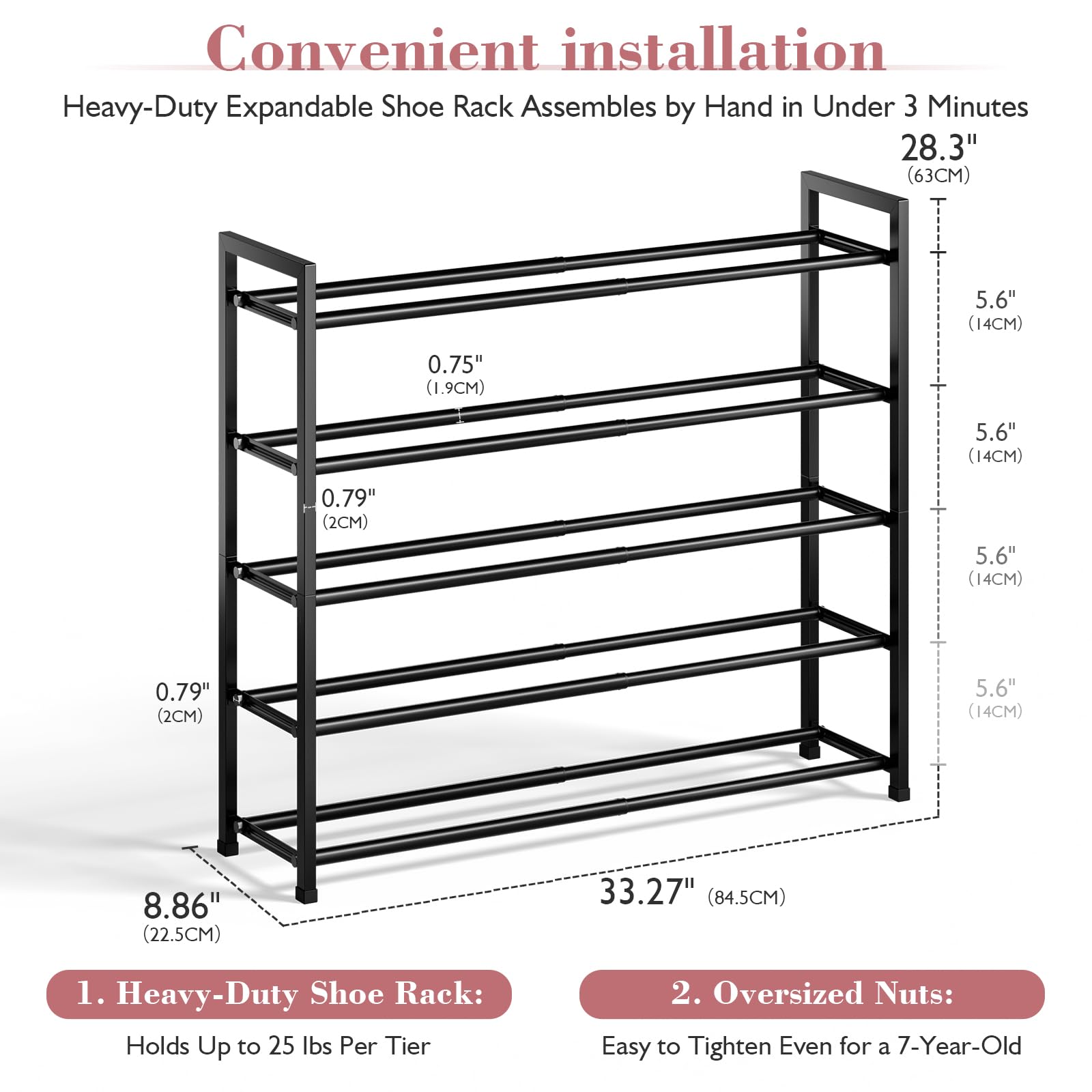 Bumusty 5 Tier Expandable Shoe Rack, Black