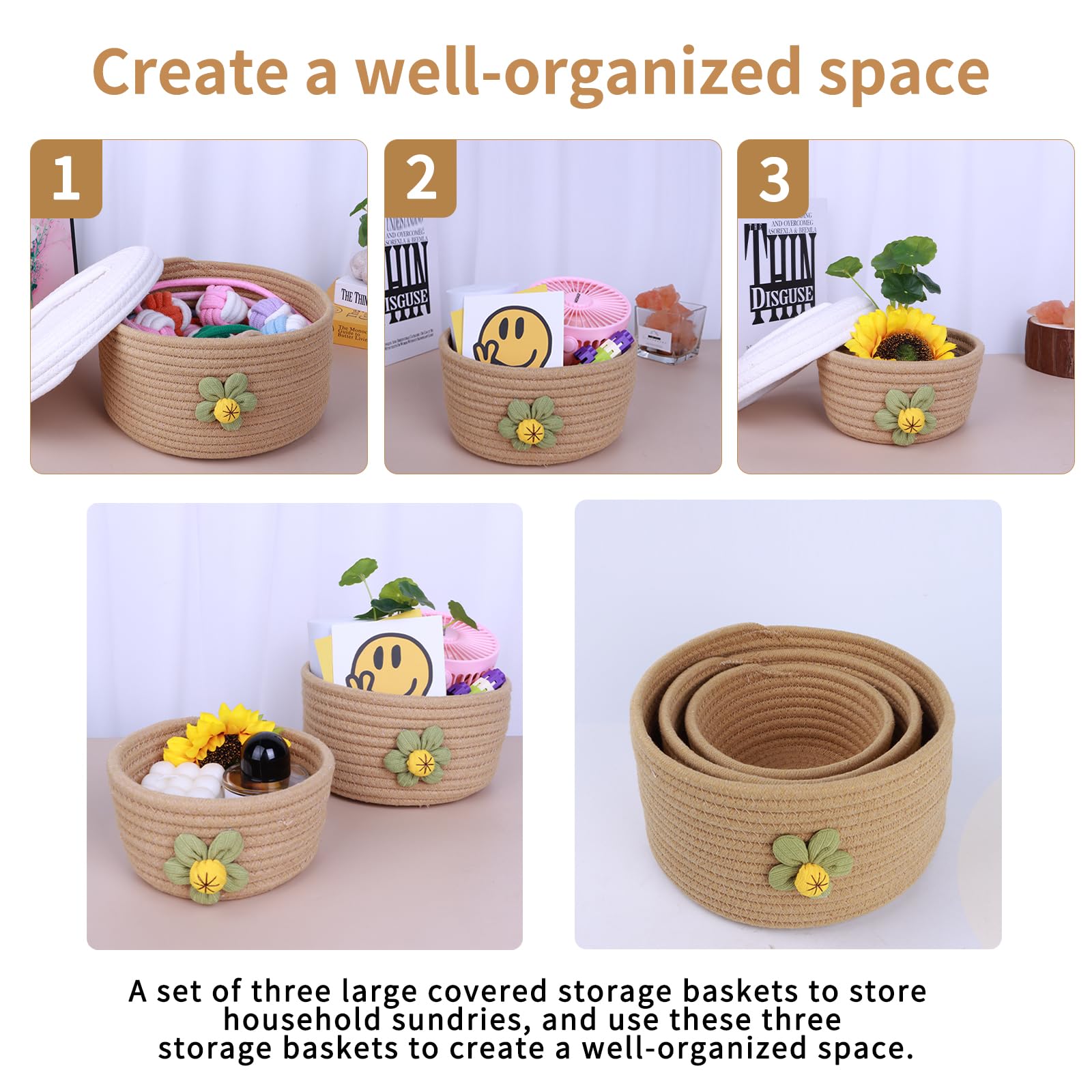 A Set of Three Large Covered Storage Baskets, Handmade Woven Fresh Style Desktop Decoration, Organizing Household Miscellaneous Items