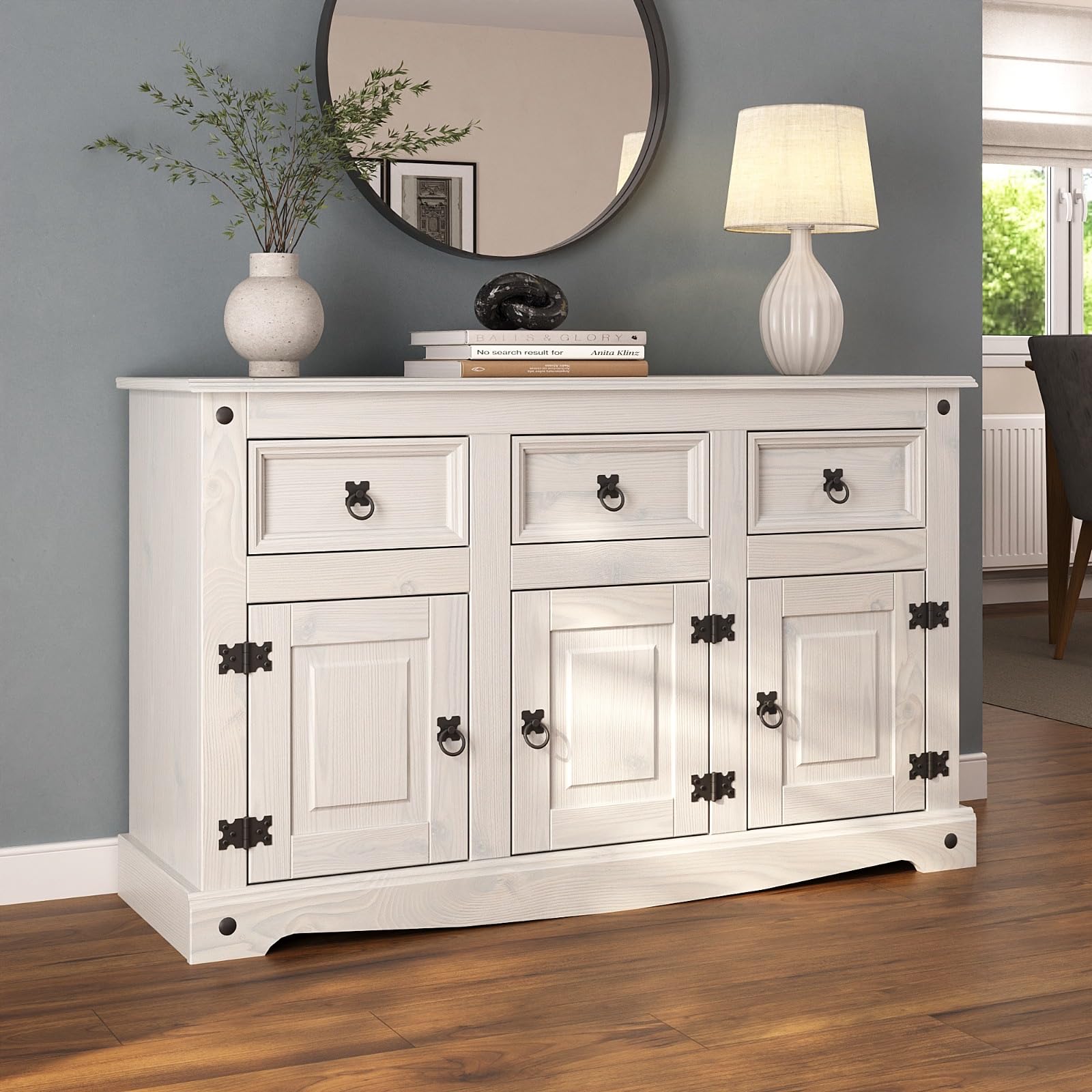 Corona Sideboard 3 Door 3 Drawer Country House All White Solid Mexican Pine Wood W 125cm x D 40cm x H 76cm
