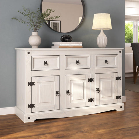 Corona Sideboard 3 Door 3 Drawer Country House All White Solid Mexican Pine Wood W 125cm x D 40cm x H 76cm