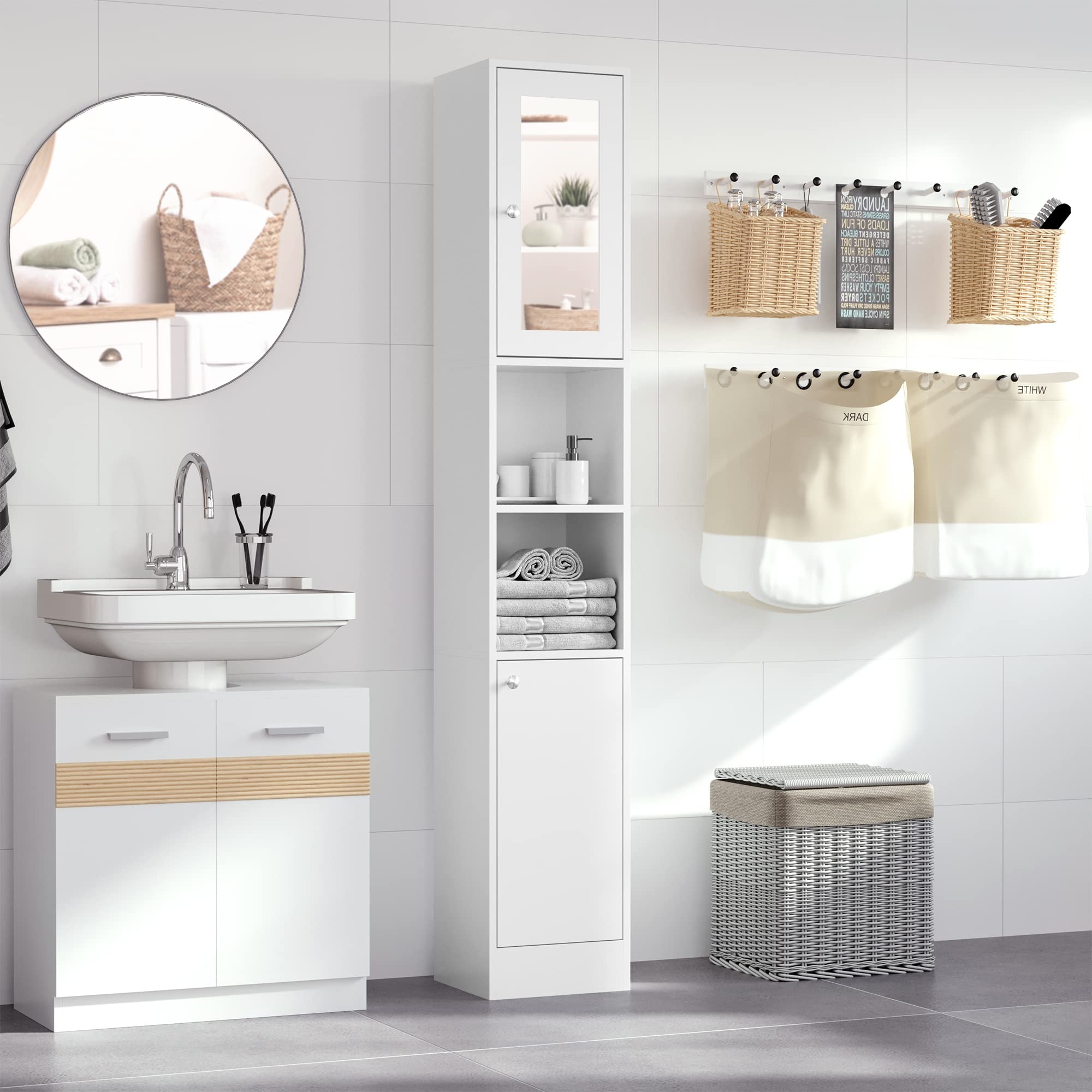 kleankin Tall Bathroom Storage Cabinet Mirrored Tallboy Cabinet White