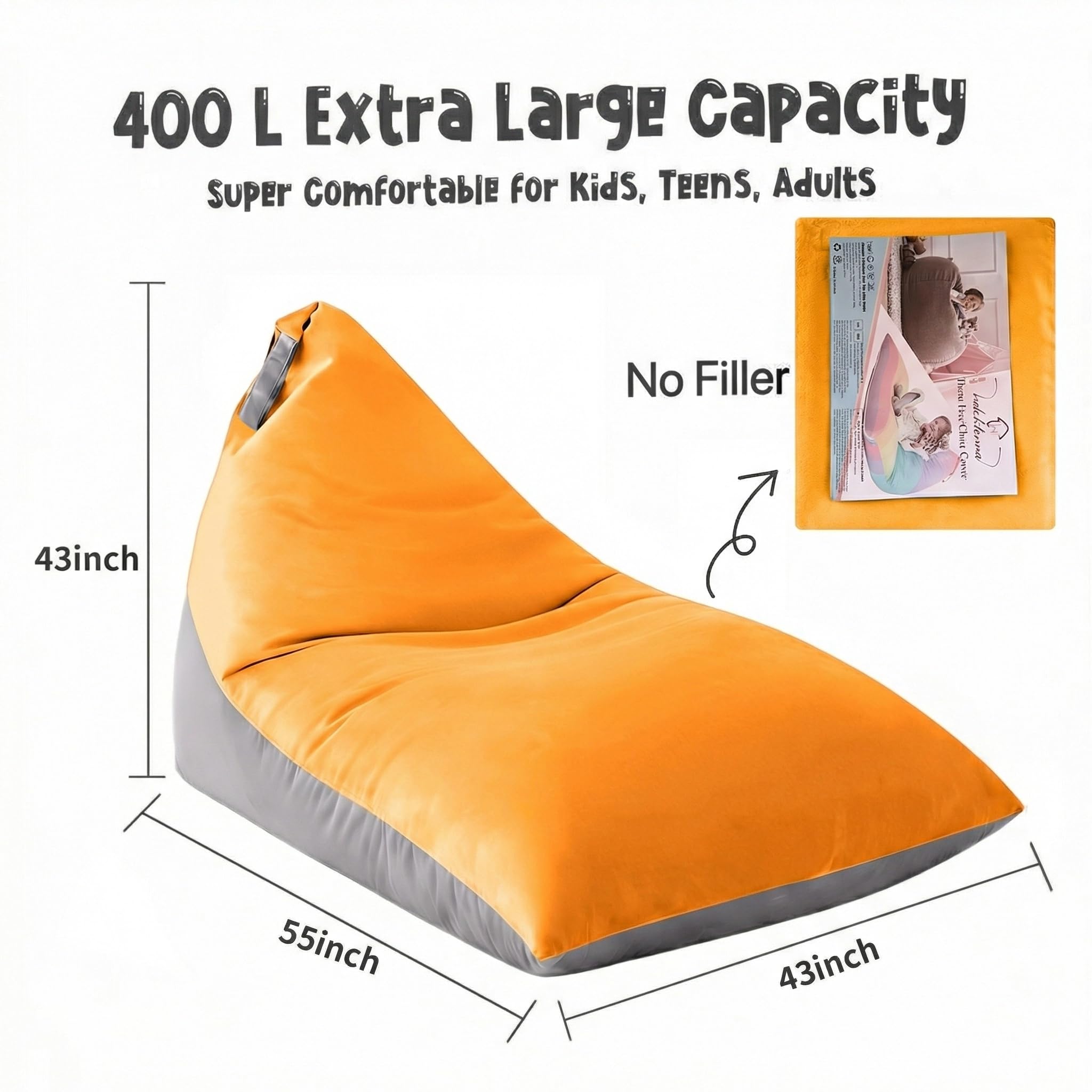 Nobildonna 4ft Bean Bag Chair Cover (No Filler) for Adults, 400L Extra Large Triangular Beanbag Chair Cover