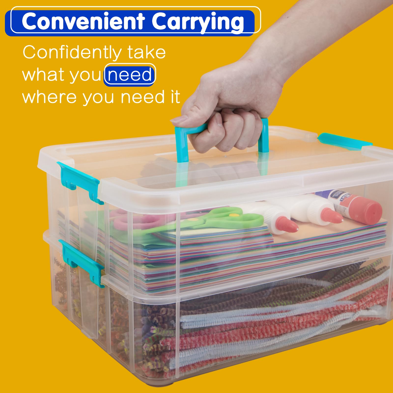 Creahaus 2 Layer Plastic Storage Containers with Lids, Multipurpose Clear Stack & Carry Box