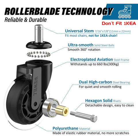 WEWILL Office Chair Wheels Caster 3" Rollerblade Rubber Replacement Castors up to 300KG for Hardwood Floors and Carpet - Universal Fit, Not for IKEA