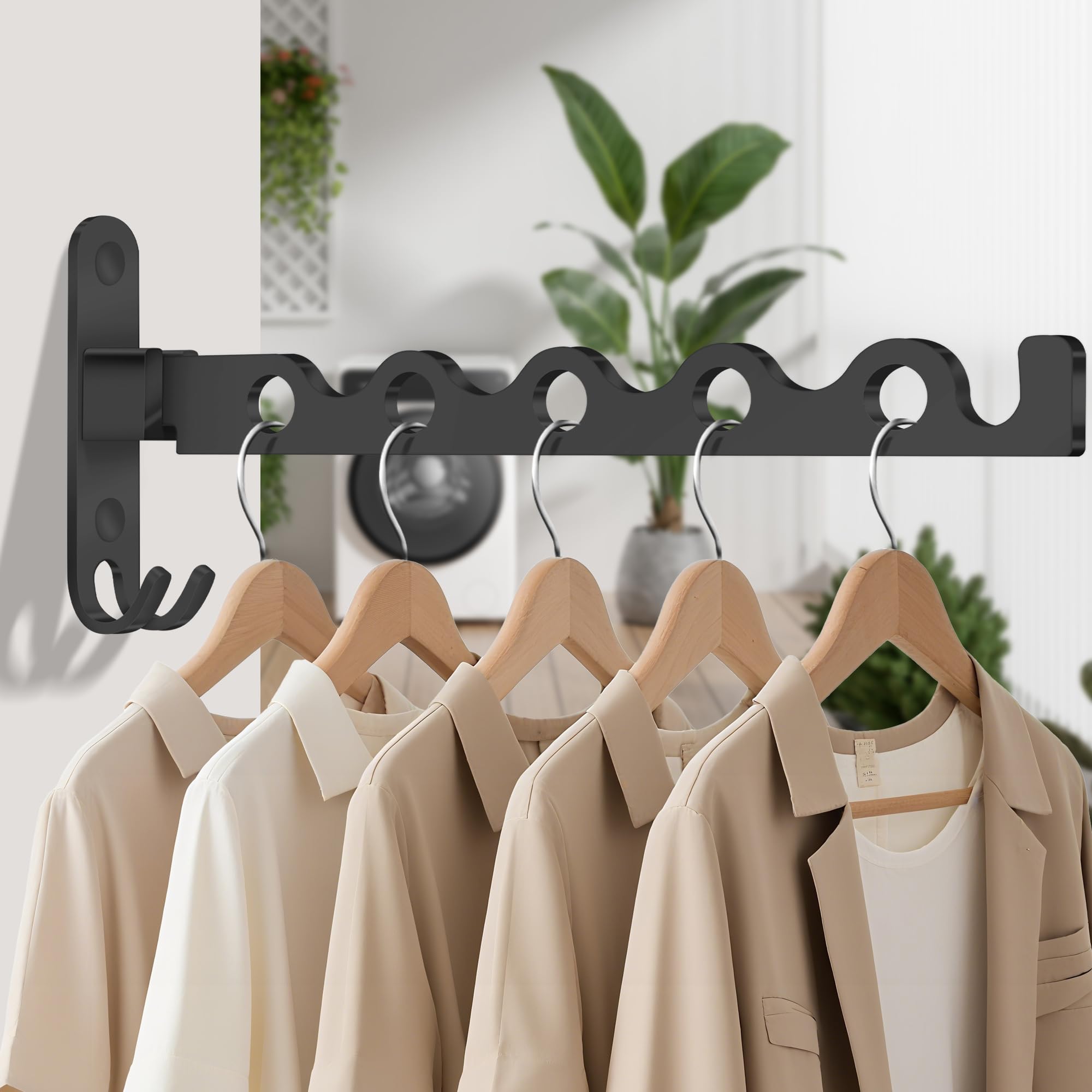 MEIJO Wall-Mounted Clothes Rack Black, Foldable Wall Mounted Clothes Rail, 90° Rotation Heavy Duty Wall Clothing Drying Rack Wall Coat Rack for