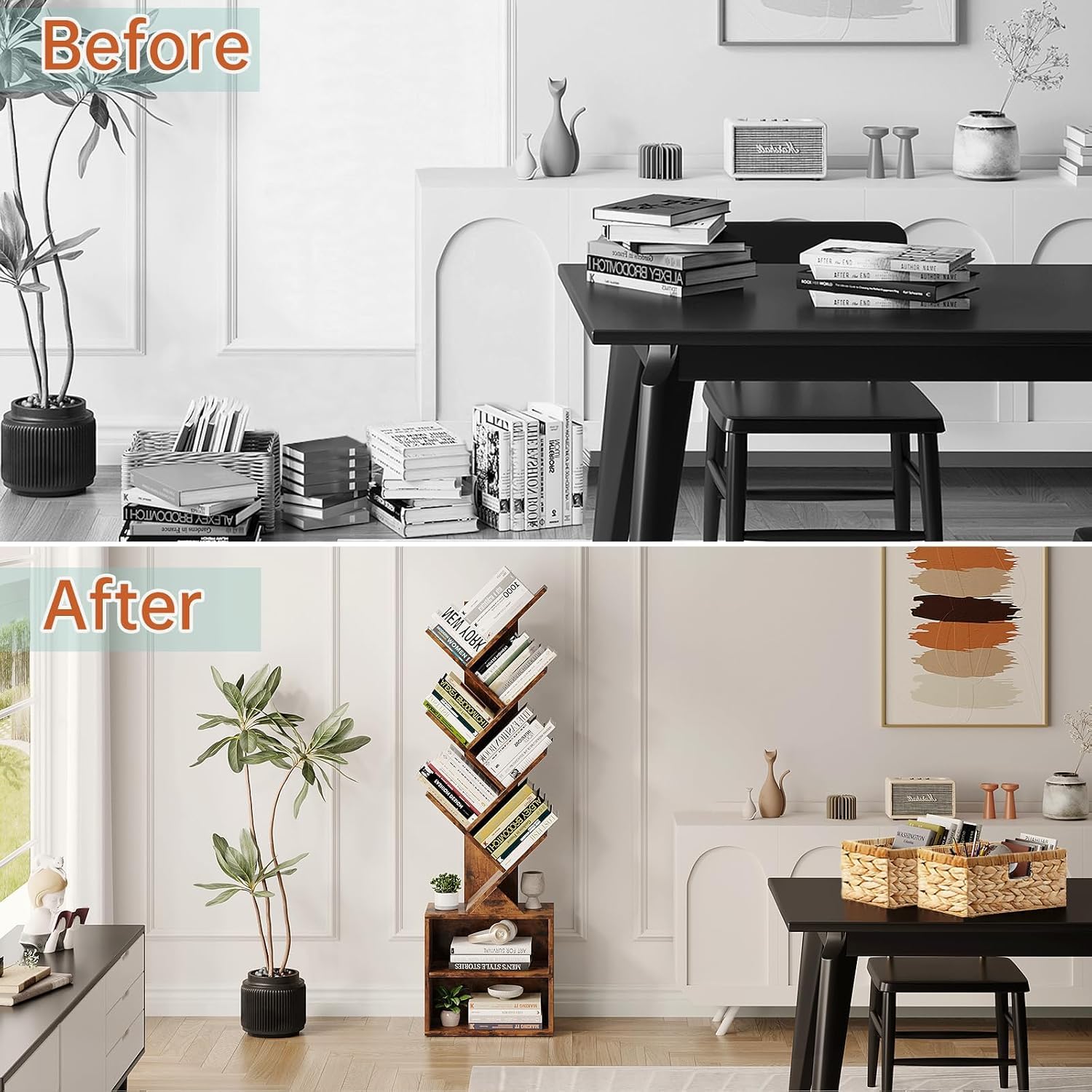 Vagusicc 6 Tier Tree Bookshelf, Modern Floor Standing Bookcase with Storage Drawer, Space Saving Storage Organizer Book Shelves for Books
