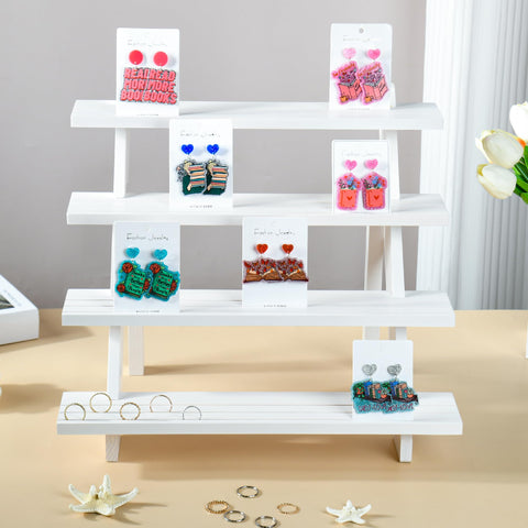 LEXFUNN Wooden Jewellery Display Rack Stand Earring Stall Stand Organizer Shelf 3/4 Tier (4 Tier - White)