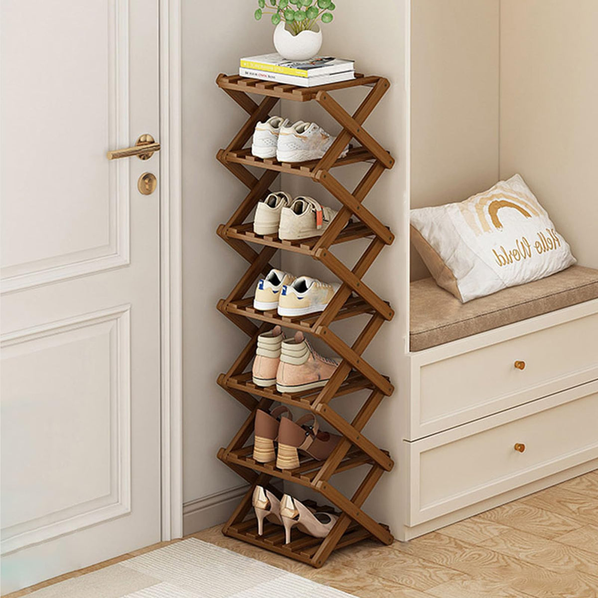 Kiss Me Bamboo Folding 7-Tier Narrow Tall Shoe Rack Portable Brown